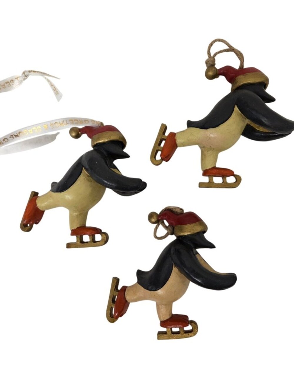 3 Skating Penguin Christmas Tree Ornaments Hand-Painted Holiday Decor